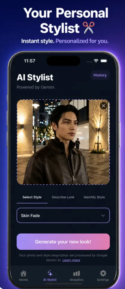 AI Stylist screen — Your Personal Stylist, Instant style. Personalized for you. Powered by Gemini.