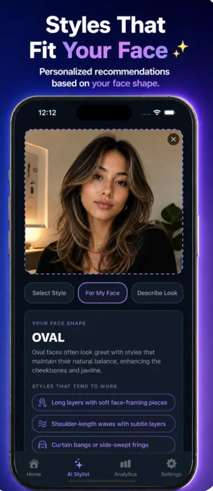 Face shape screen — Styles That Fit Your Face, oval face result with personalized hairstyle recommendations