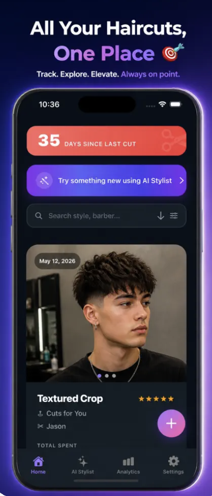 TrimTrack home screen — 35 Days Since Last Cut counter with AI Stylist CTA and haircut history log