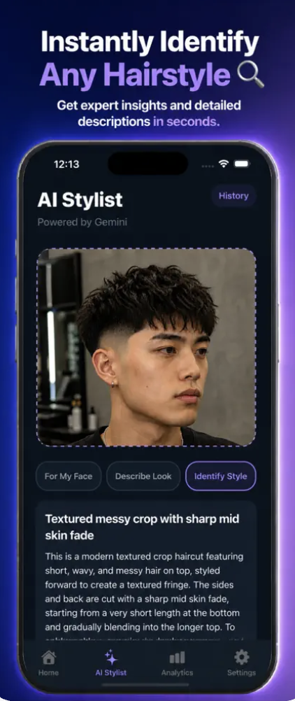 Identify screen — Instantly Identify Any Hairstyle, expert result with cut name and description