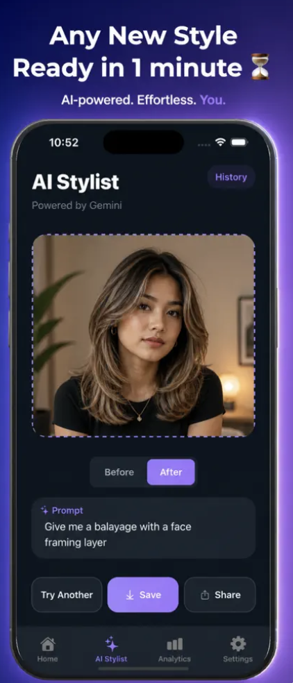 Style generation screen — Any New Style Ready in 1 Minute, before/after toggle